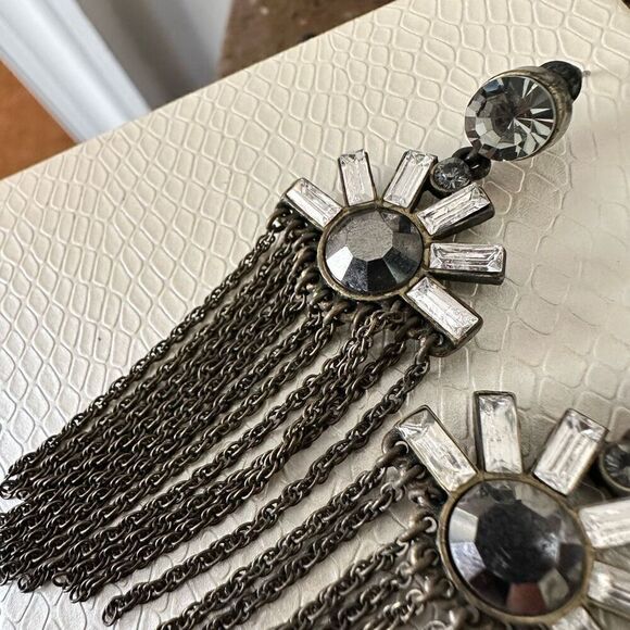 RARE Antique Art Deco Drop Fringe Tassel Stud Pierced Dangle Earrings Silver-ton - Picture 4 of 5